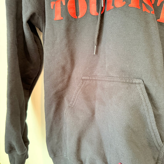 GILDAN SOFTSTYLE Hoodie Black "Domestic Tourist" Graphic - Size S