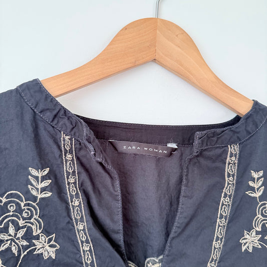 Zara Woman U/Arm to U/Arm 45cm Black Embroidered Tunic Top