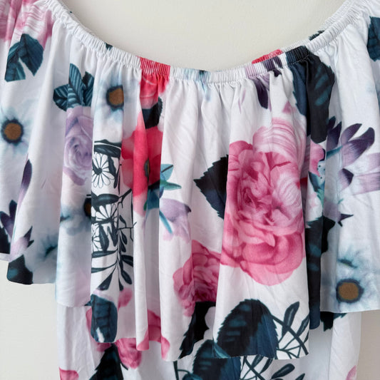 Floral Off-Shoulder Ruffle Romper White/Pink - 35cm U/Arm