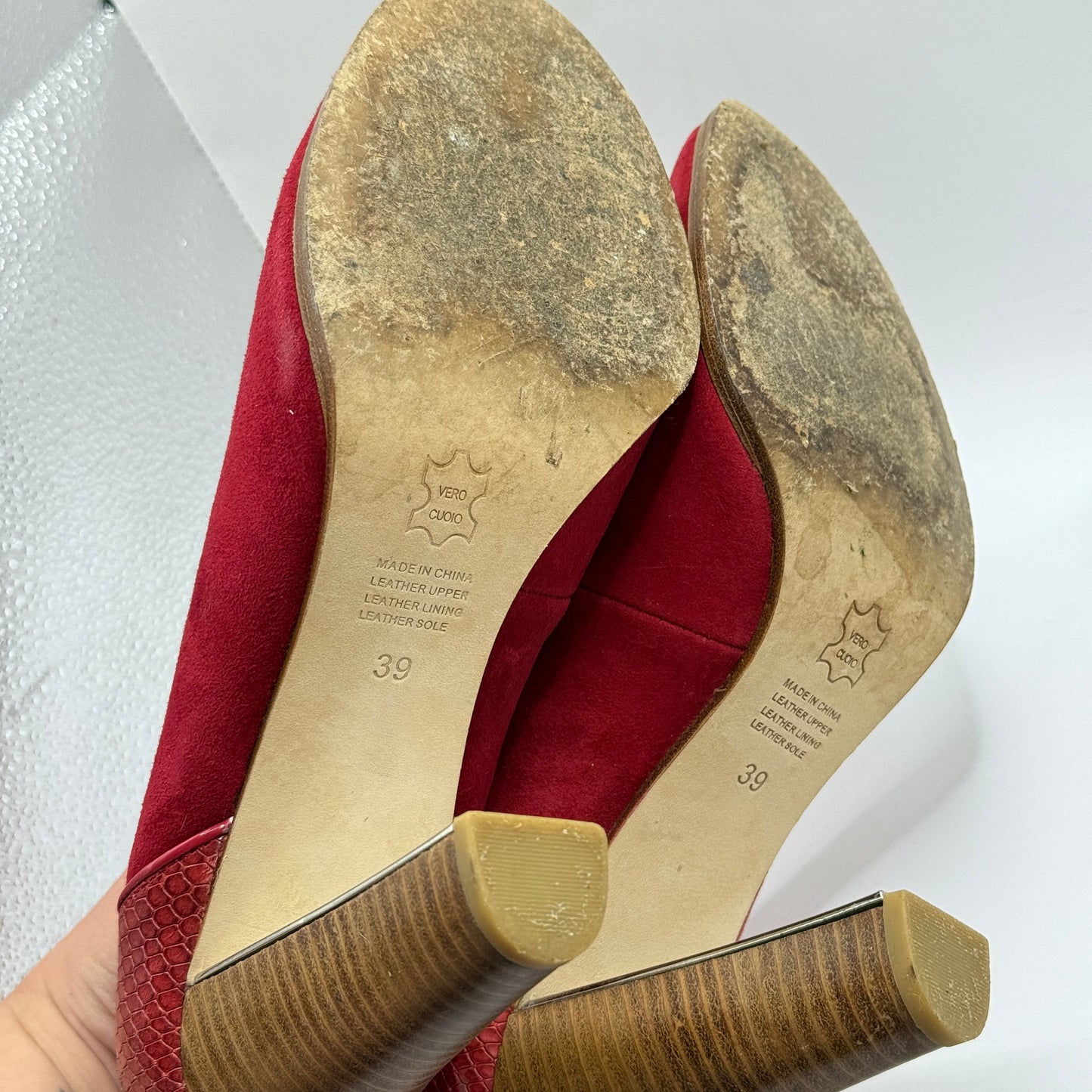MIMCO Red Suede & Snakeskin Block Heels - Size 39