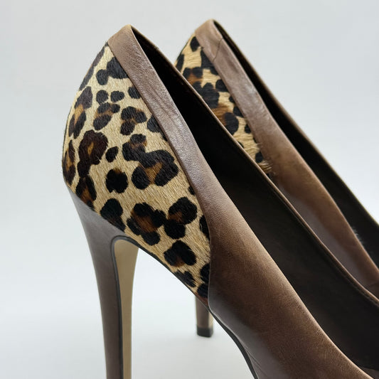 Mi Piaci Brown Leather & Leopard Print Platform Heels - Size 40