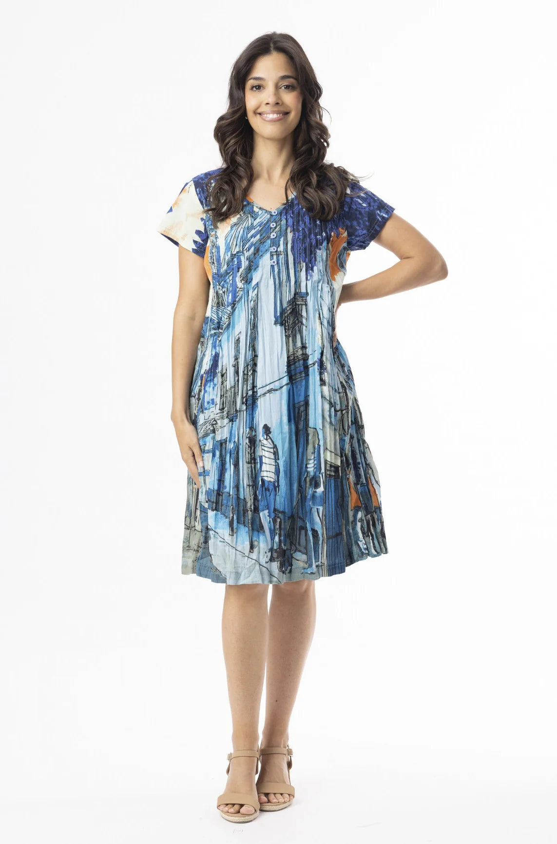Orientique Oasis Tower Blue Crinkle Cotton Dress Size 8/XXS