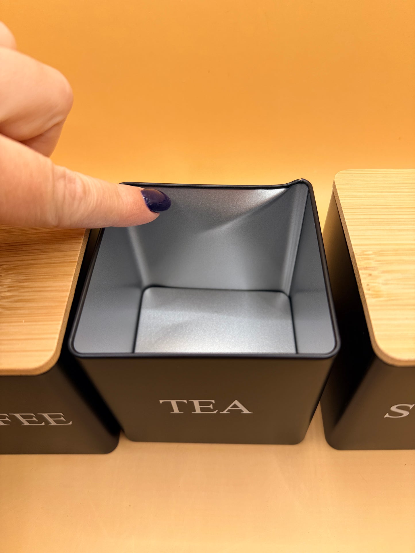 Coffee, Tea & Sugar Canister Set — Black with Bamboo Lids