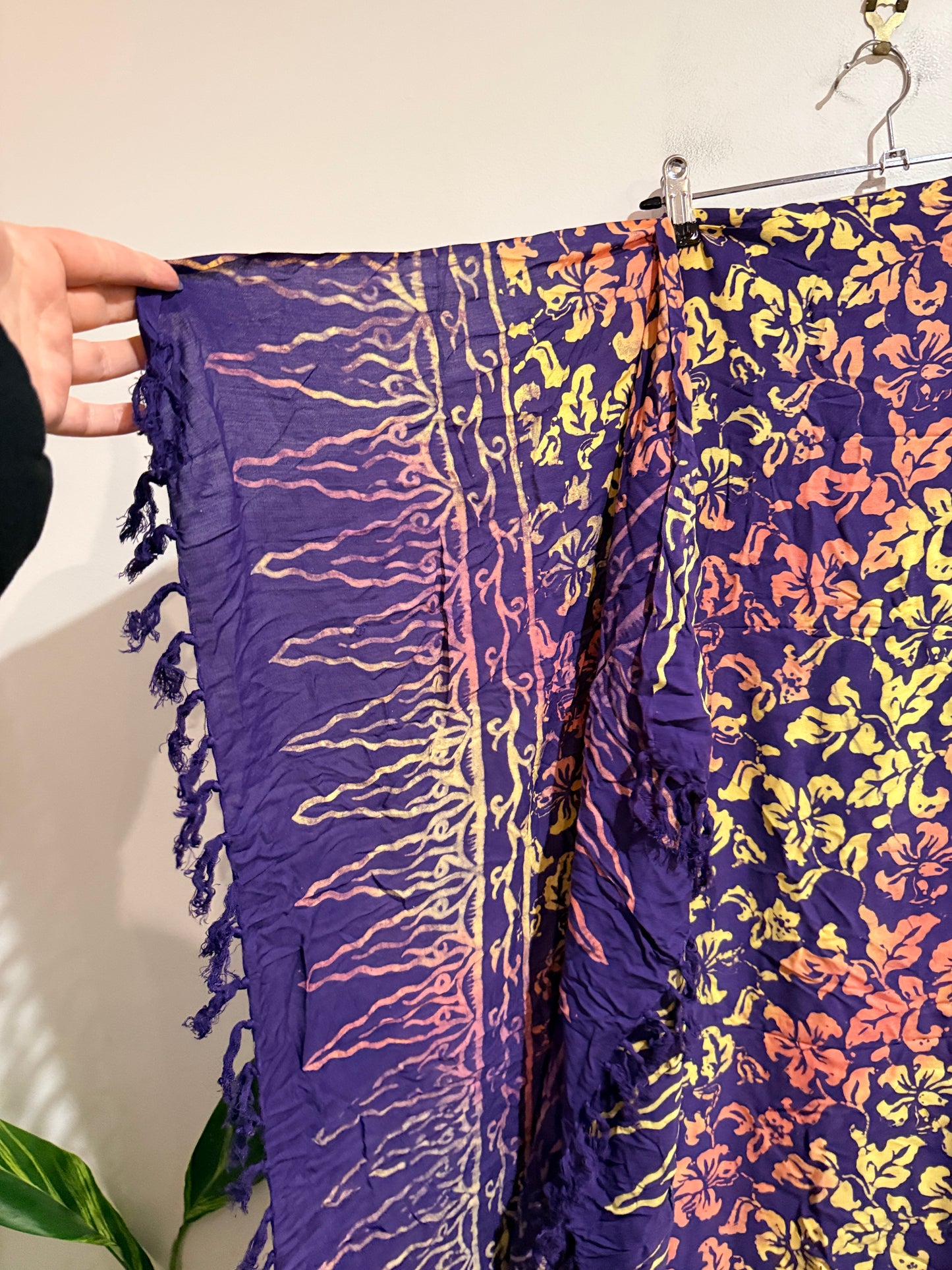 Purple Floral Batik Sarong Wrap with Fringed Edge
