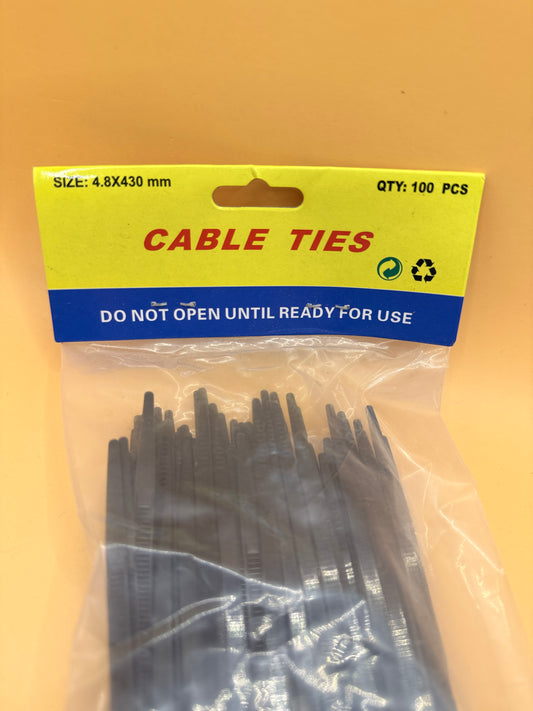 Black Nylon Cable Ties – 4.8 x 430mm, Pack of 100