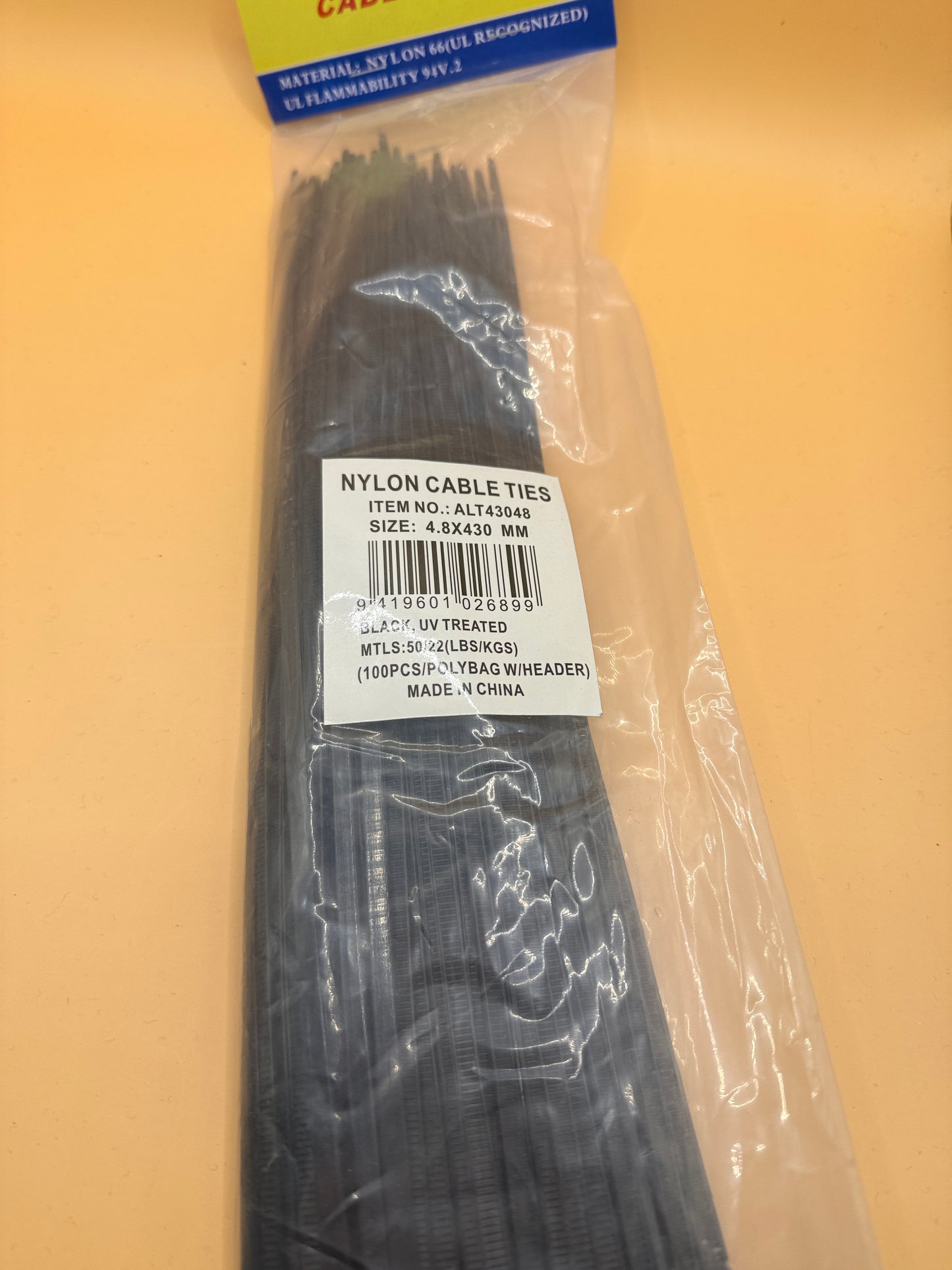 Black Nylon Cable Ties – 4.8 x 430mm, Pack of 100