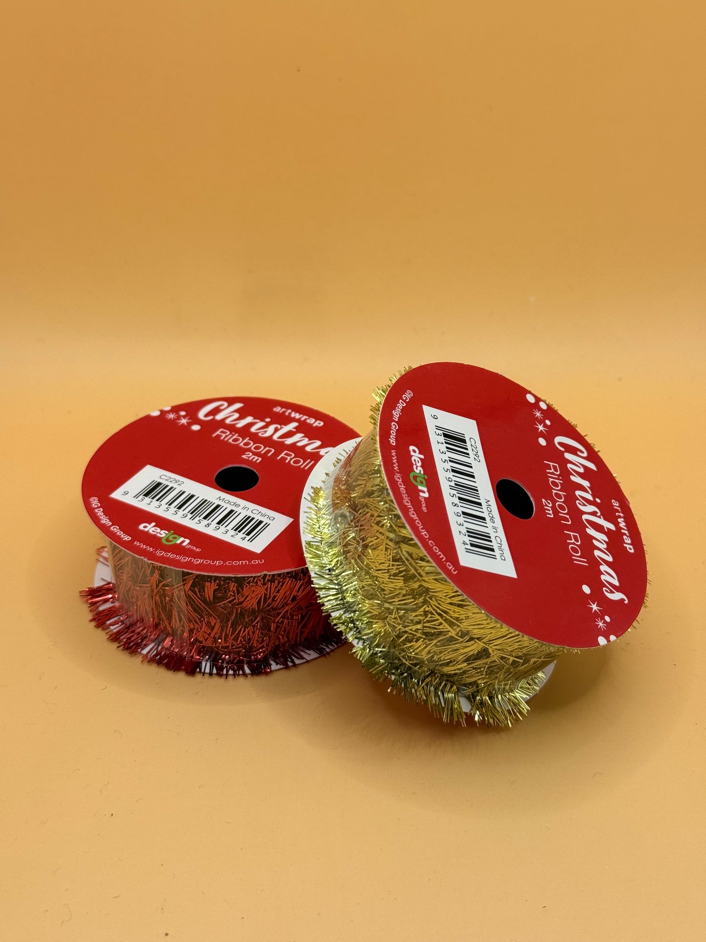 Artwrap Christmas Tinsel Ribbon Rolls – Red & Gold, 2m (Set of 2)