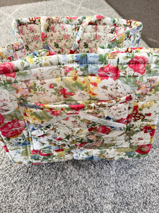 XL Quilted Floral Fabric Storage Basket with Dual Handles