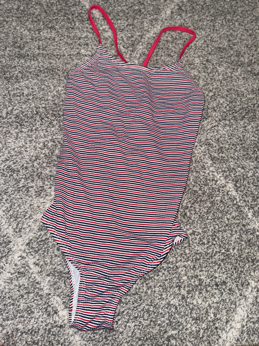 Girls Navy Red Stripe Tie-Front Swimsuit - Size 10