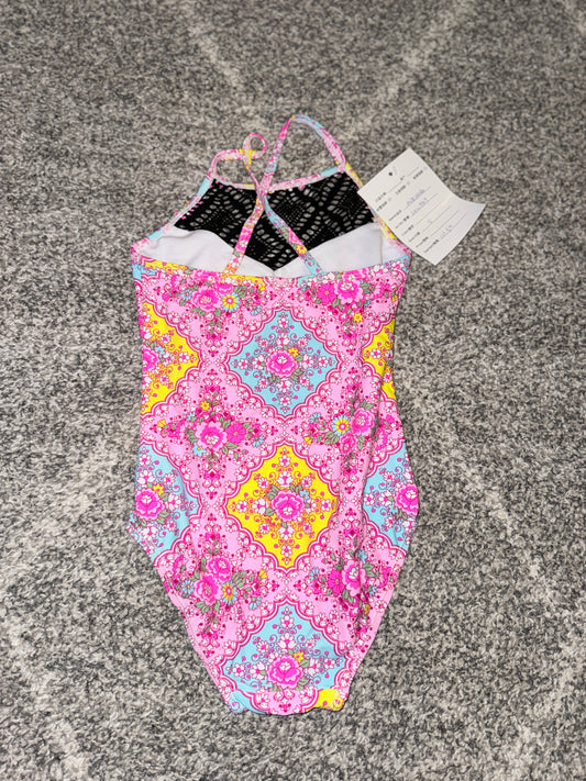 Girls Milkshake Print Crochet-Trim Swimsuit - Size 5