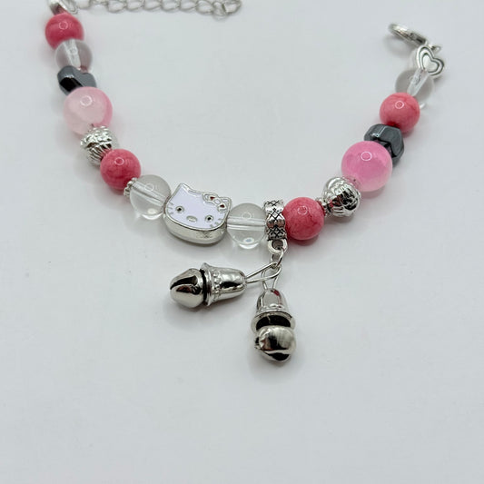 Girls Pink & Silver Beaded Hello Kitty Charm Bracelet