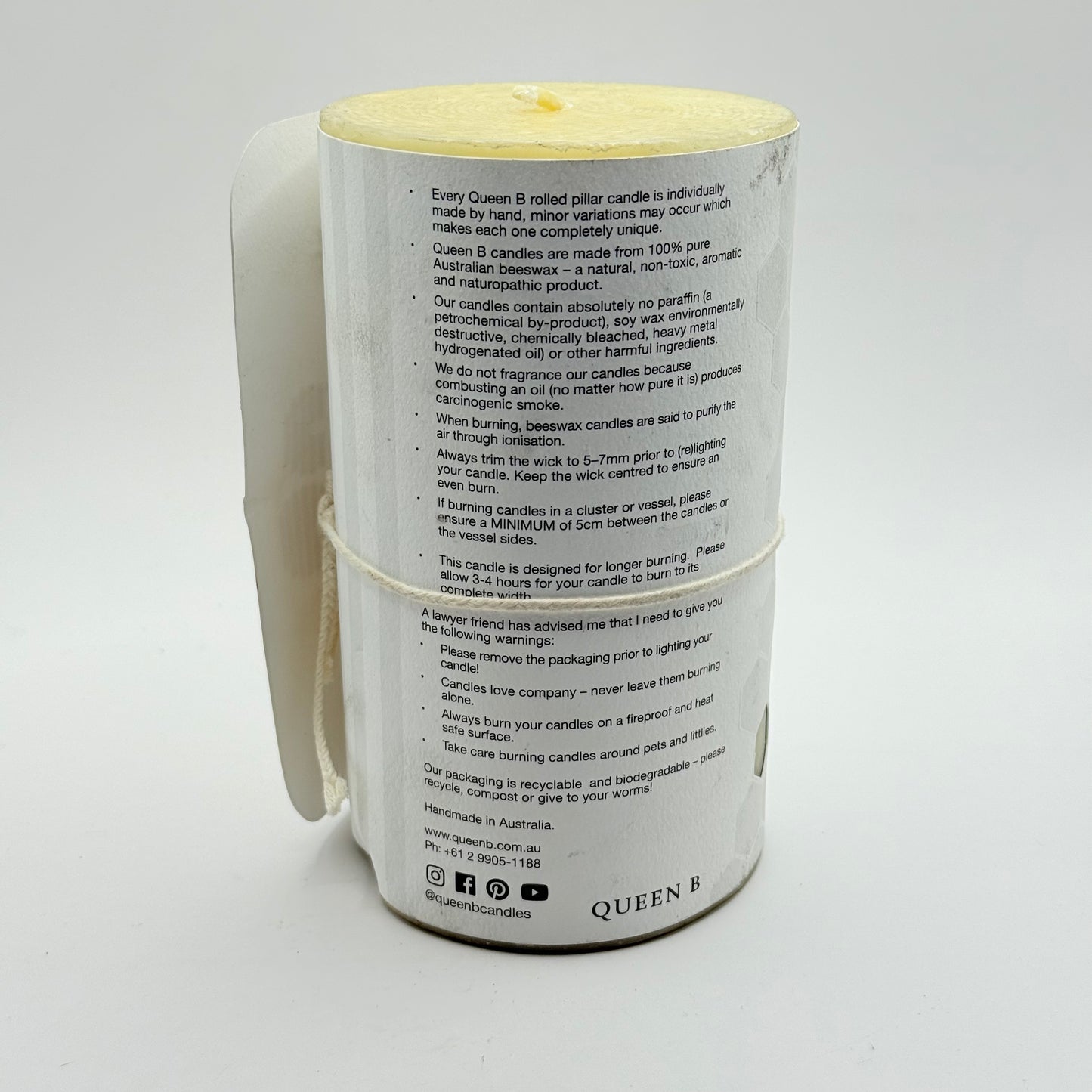 Queen b 15cm medium hand-rolled beeswax pillar candle - candles home&living materials