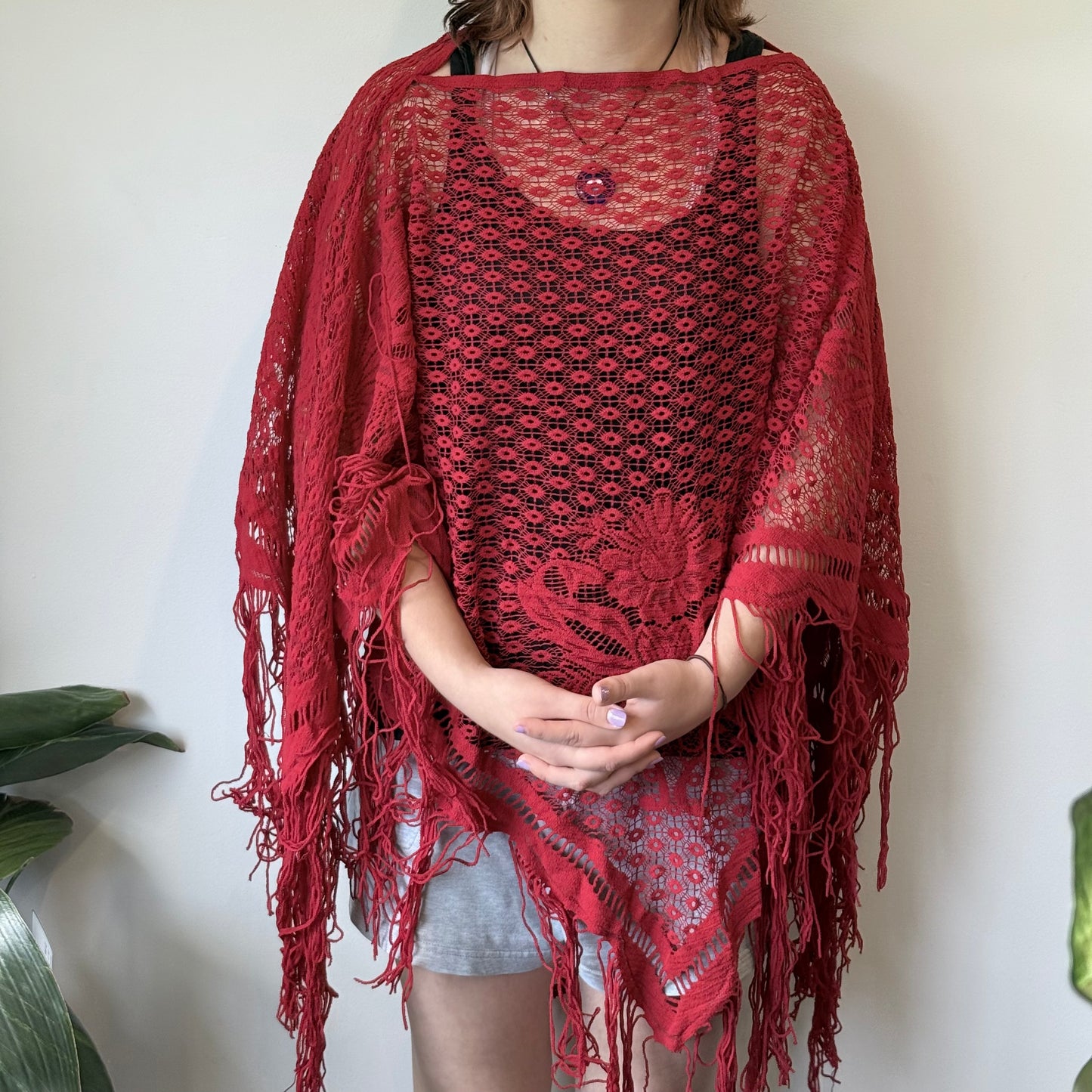 Red Lace Fringe Boho Poncho