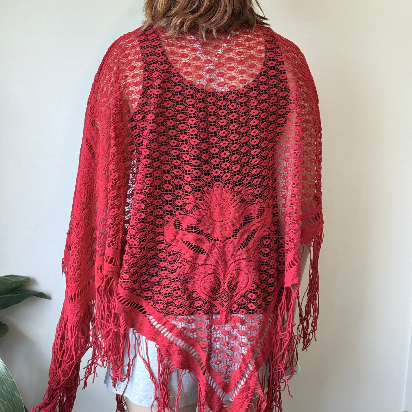 Red Lace Fringe Boho Poncho