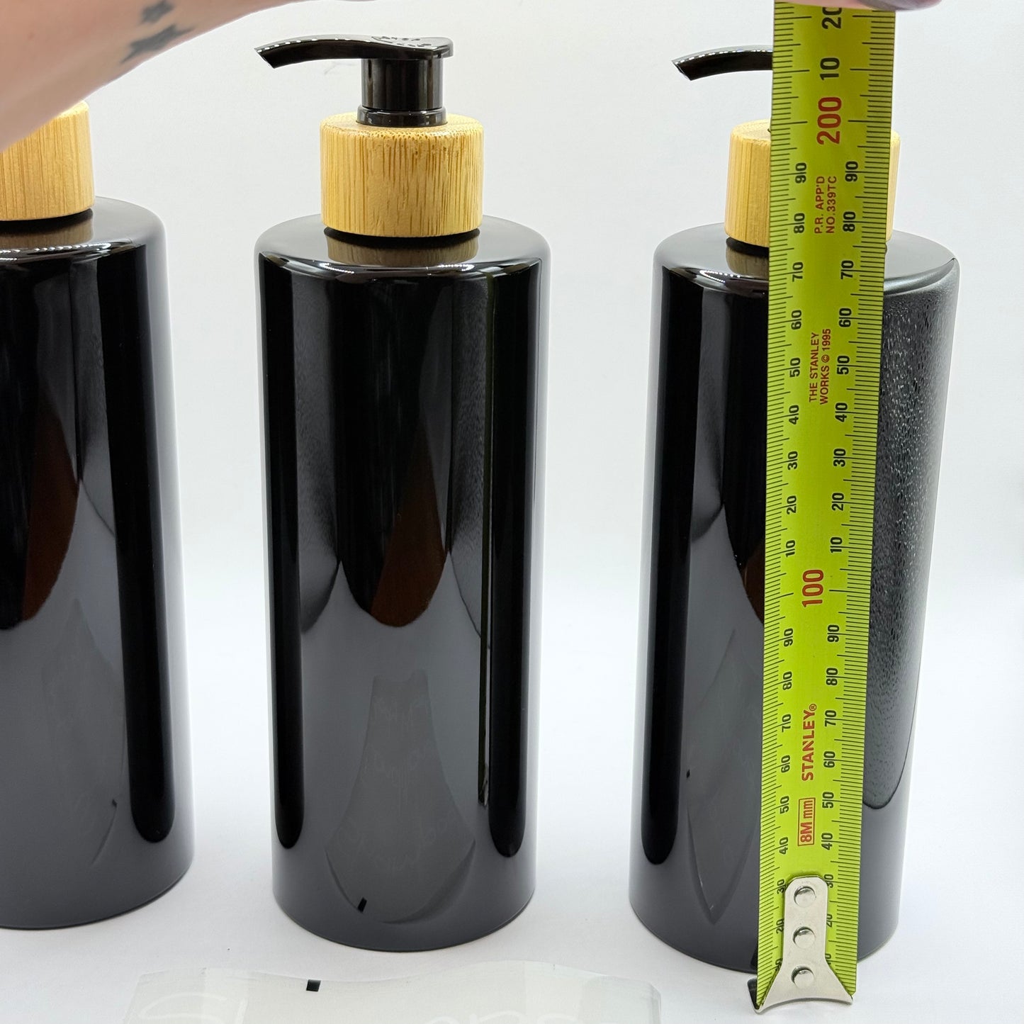 Bathroom Reusable Black & Bamboo Coloured Pump Bottle Set (3-Pack) with Labels