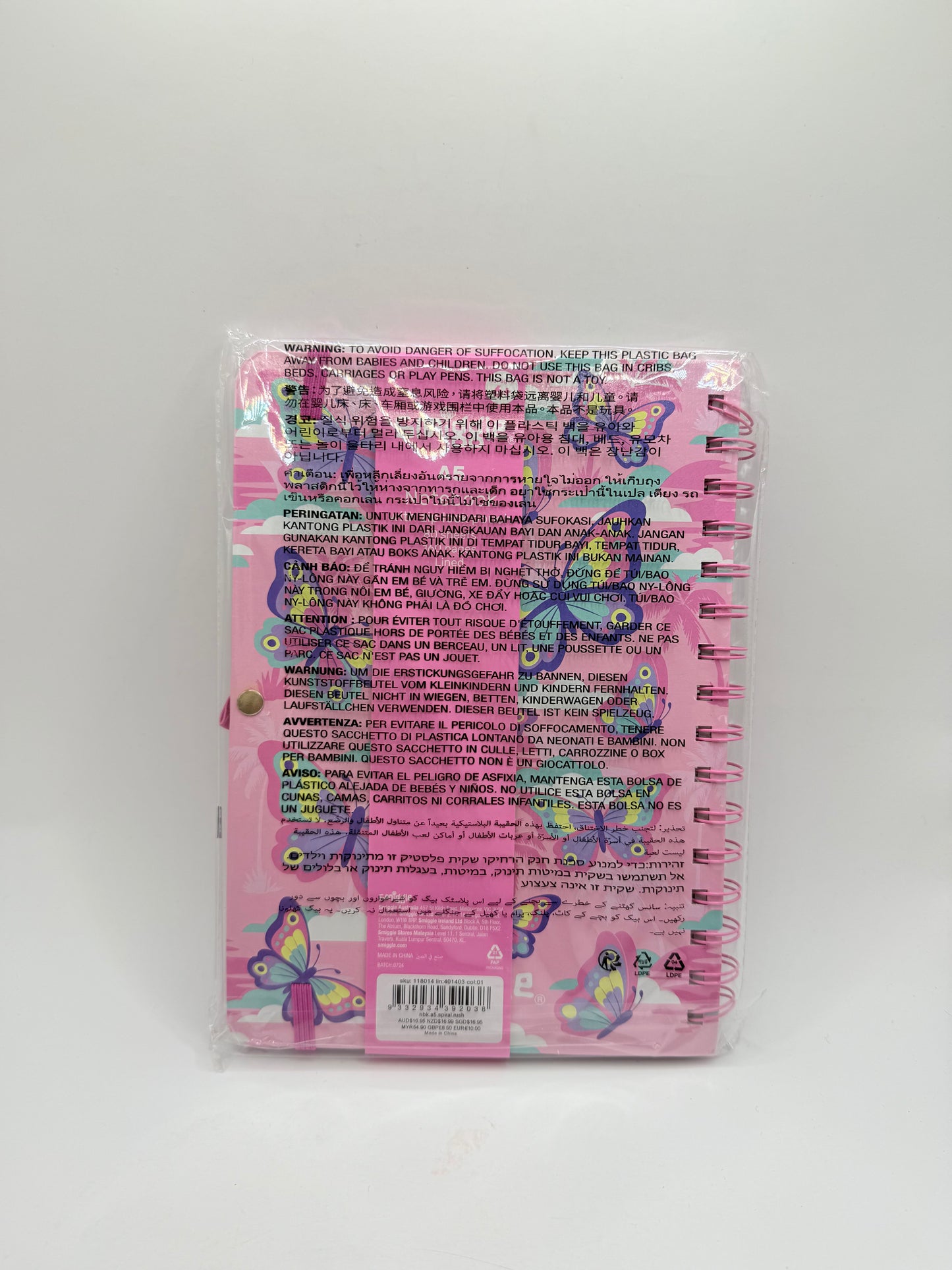Smiggle rush a5 spiral notebook pink butterfly - notepads stationery