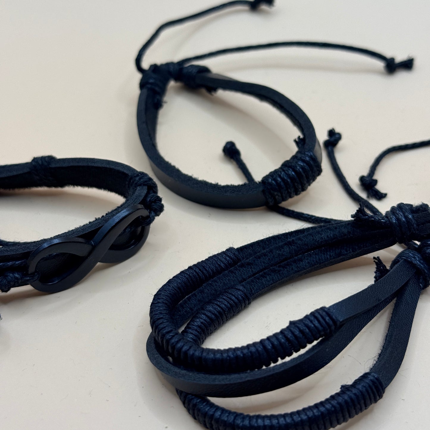 4x Faux Leather Black Adjustable Bracelet Set