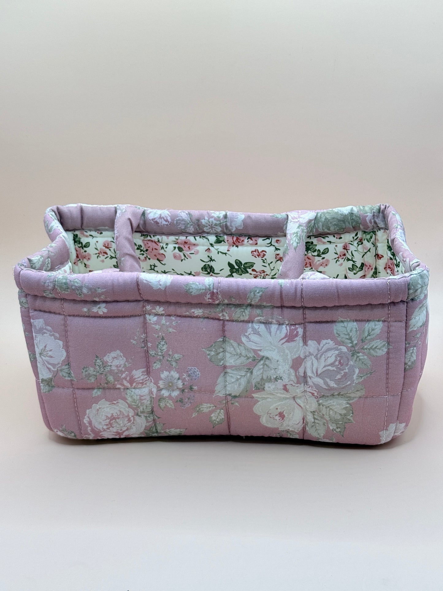 Pink Floral Quilted Fabric Storage Caddy Organiser Basket