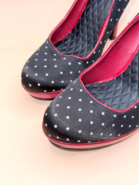 Pin Up Couture Polka Dot Platform Heels – Black/Red – Approx EU 38