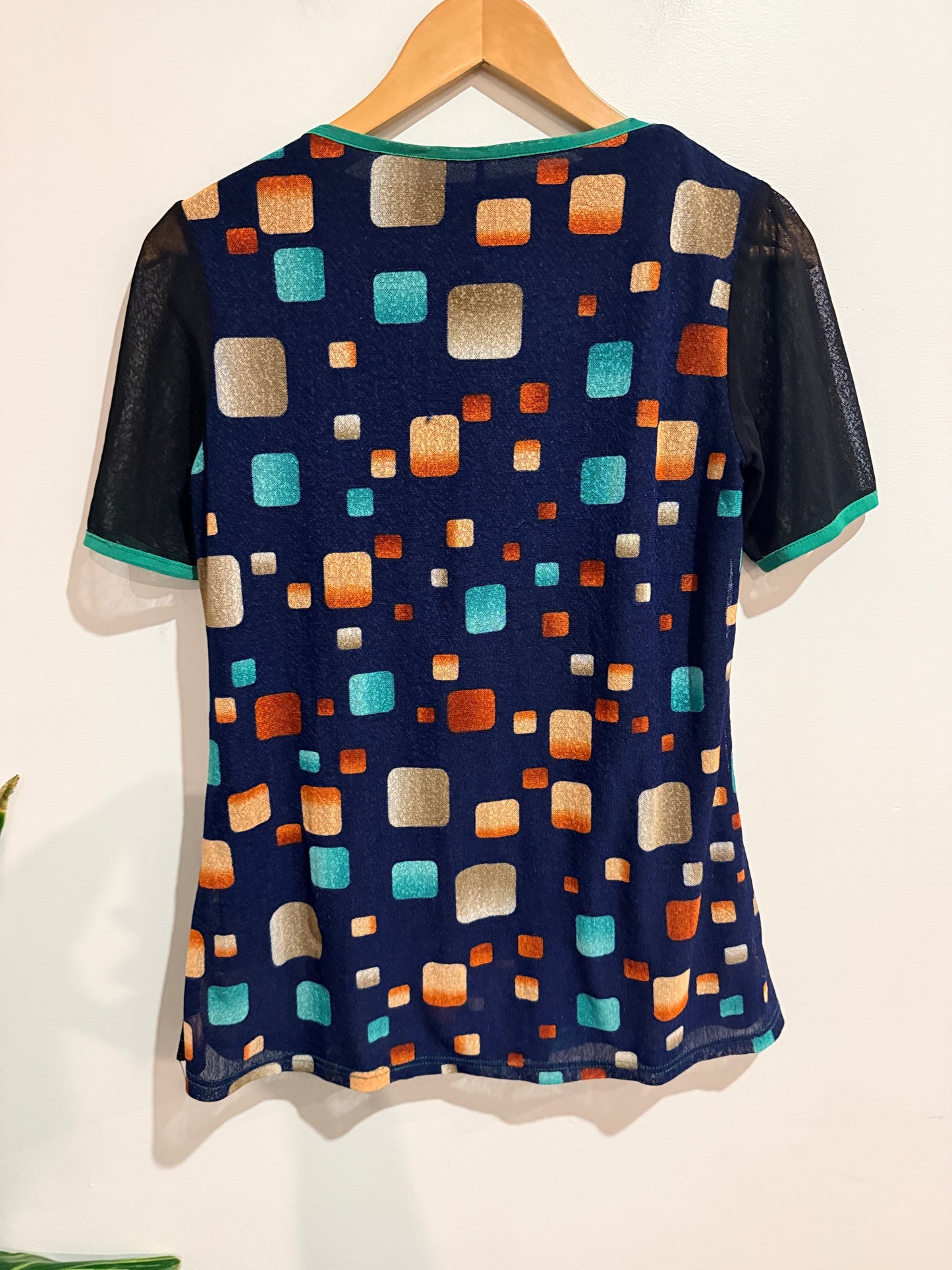 Merric Abstract Print Black & Teal Mesh Top - Size 8