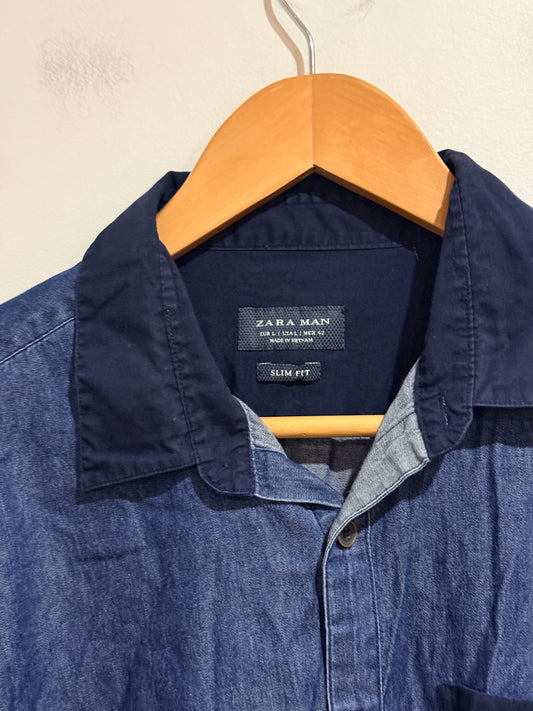 Zara Man Slim Fit Two-tone Denim Shirt Blue/Navy Size L
