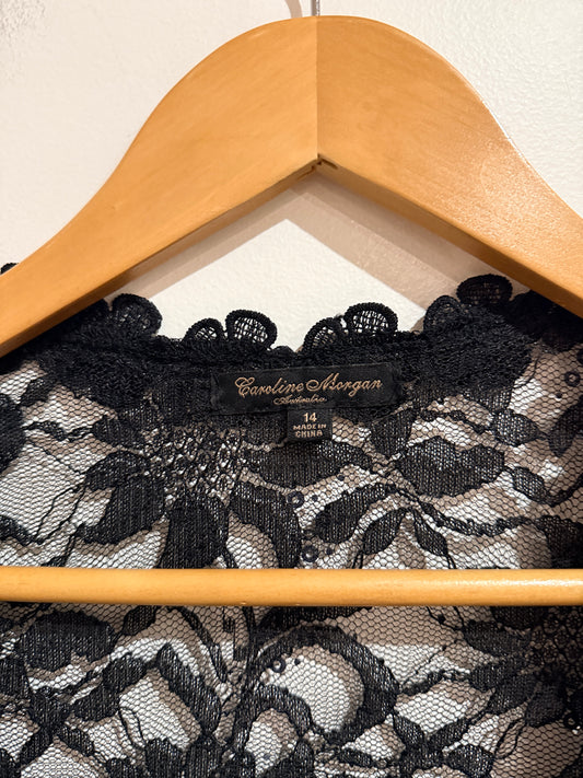 Caroline Morgan Black Floral Lace Open Front Cardigan Size 14