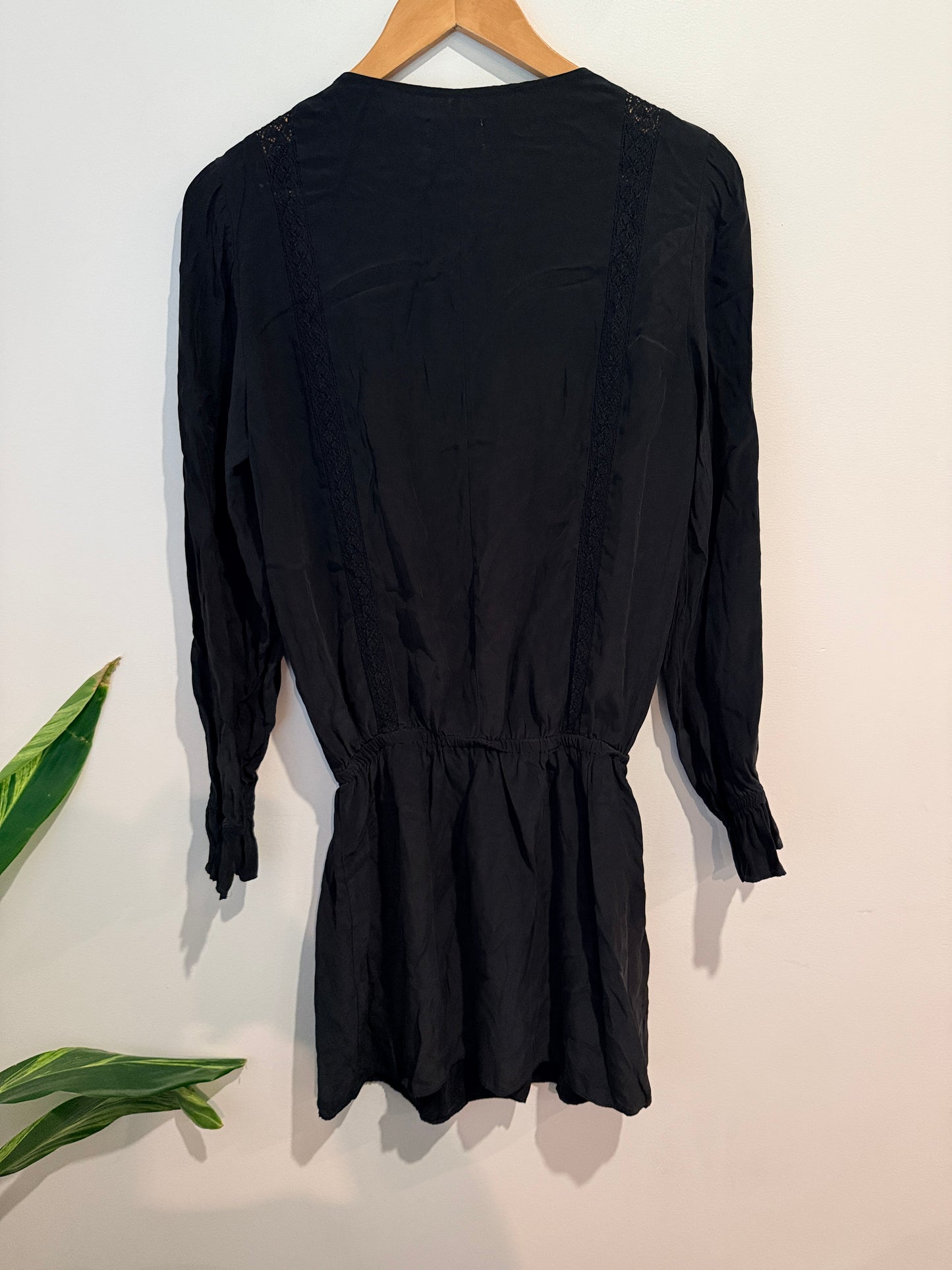 FRAME Silk Charmeuse Peasant Shirt Dress - Noir Black Size S