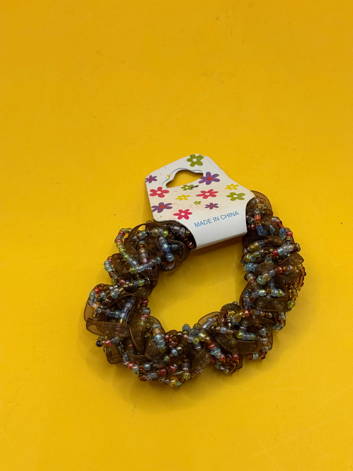 Beaded Hair Scrunchie - Brown, Amber & Multicolour