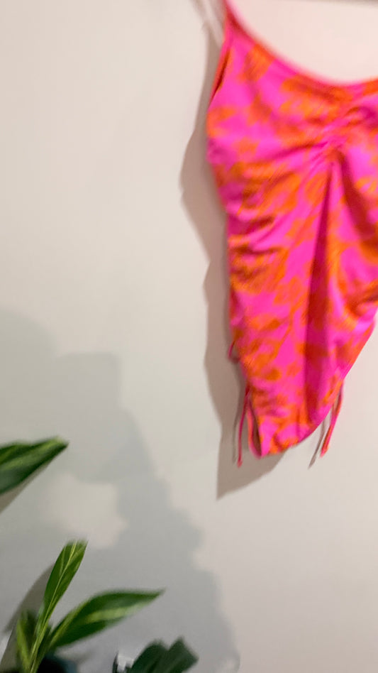 Pink & Orange Floral Ruched One-Piece Swimsuit Size L