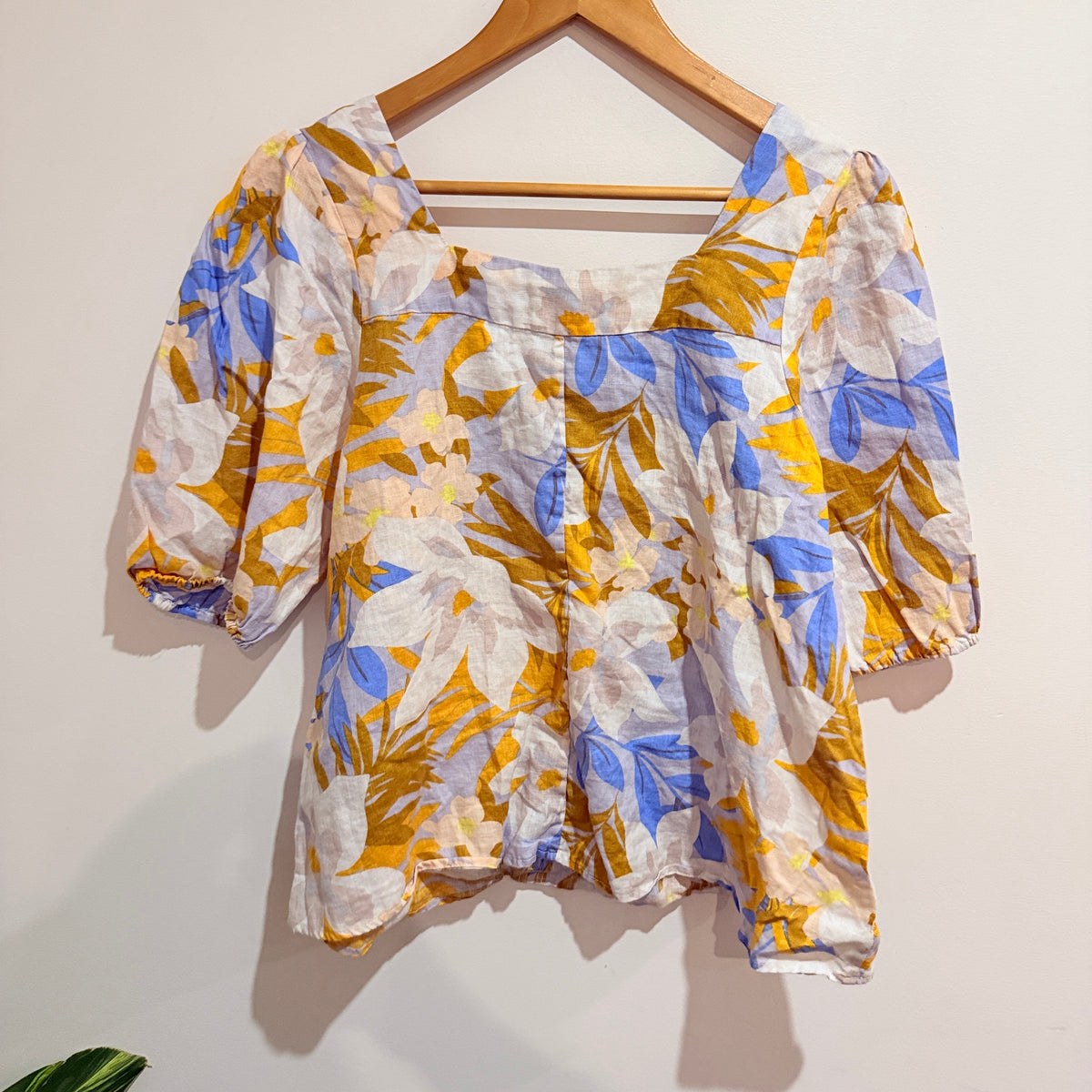 Zest Blue & Yellow Floral Linen Puff Sleeve Top Size 10