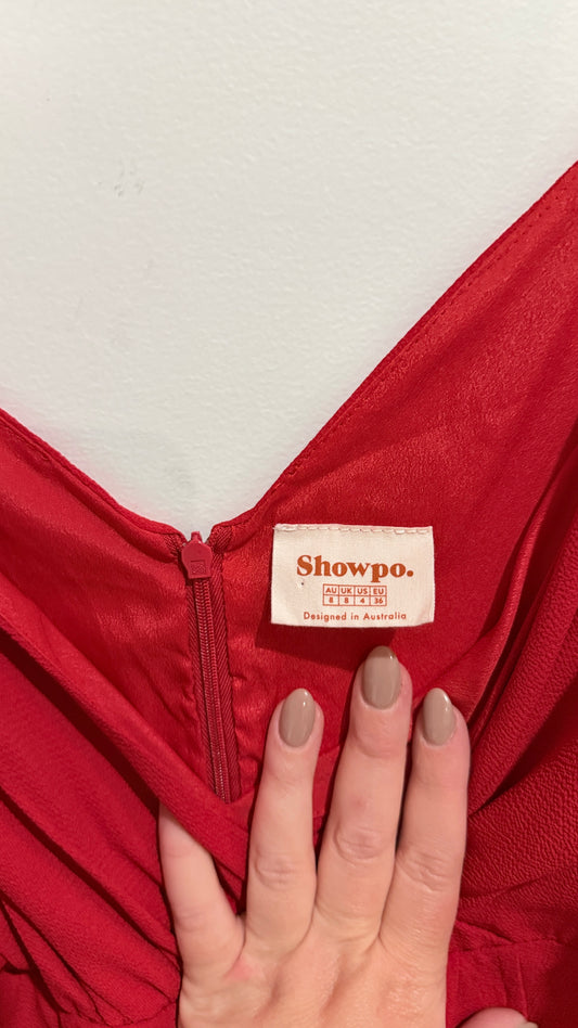 Showpo Red Satin Cold Shoulder Midi Dress Size 8
