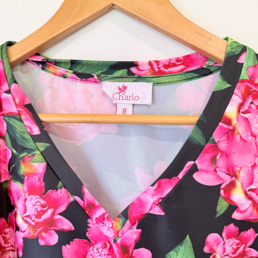 Charlo Black and Pink Floral Frill Sleeve Top Size 8