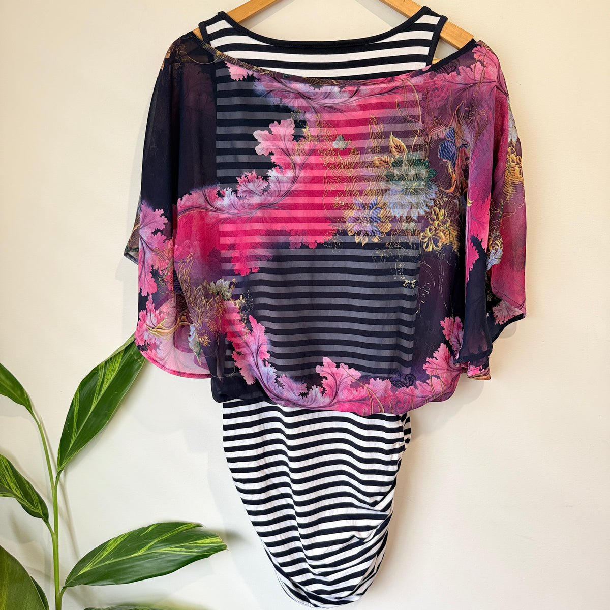 Charlo Navy Stripe Floral Overlay Dress Size 8
