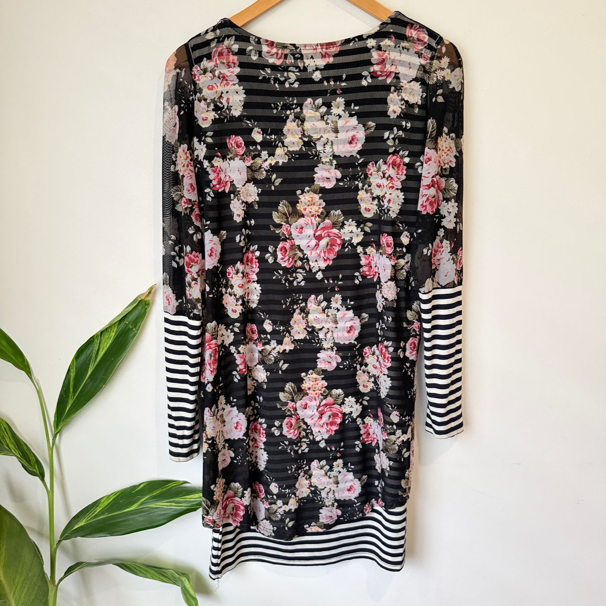 Charlo Black Floral and Stripe Long Sleeve Dress Size 10