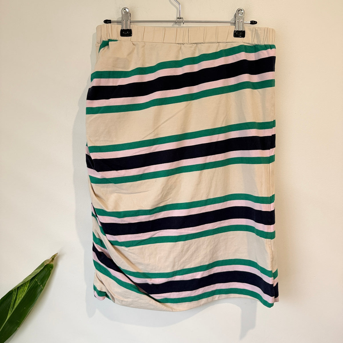 Charlo Cream and Green Stripe Ruched Skirt Size 14