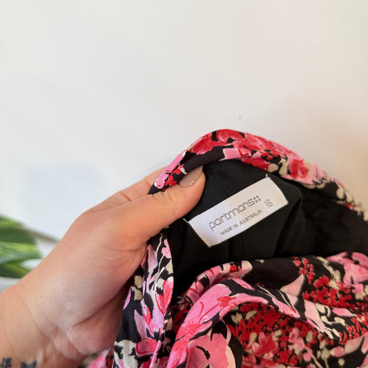 Portmans Pink and Black Floral Strapless Dress Size 16