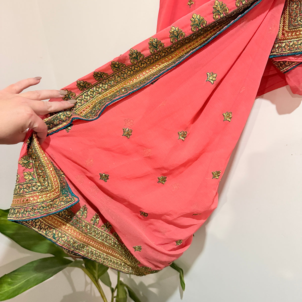 Coral Pink and Gold Embroidered Saree