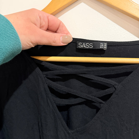SASS Black Lattice Neck Flute Sleeve Blouse Size 14