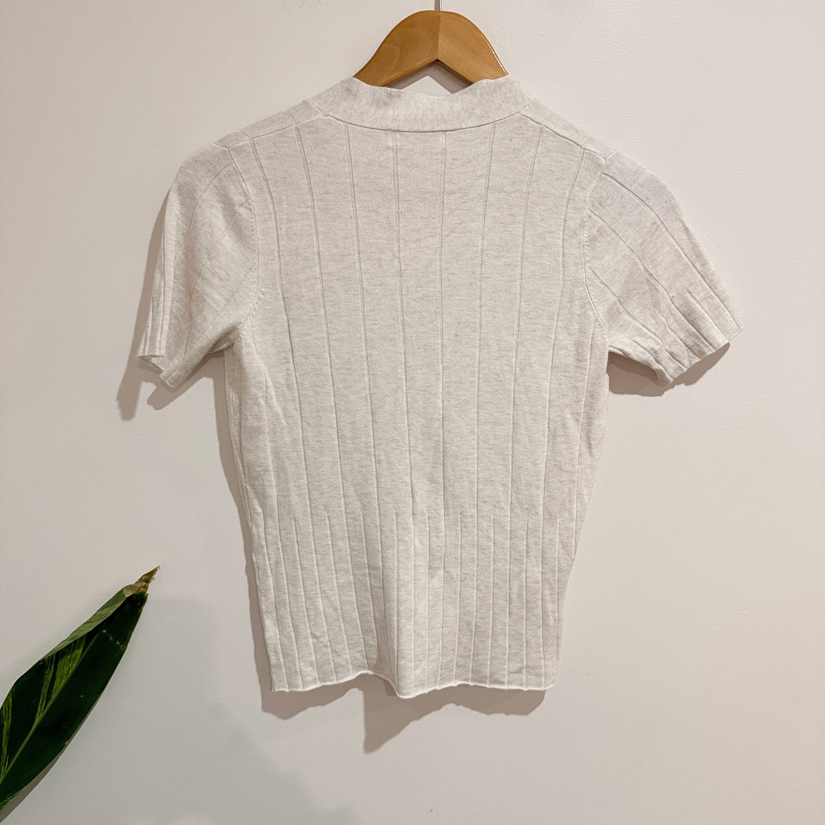 Cream Ribbed Knit Button Front Short Sleeve Top 38cm u/arm