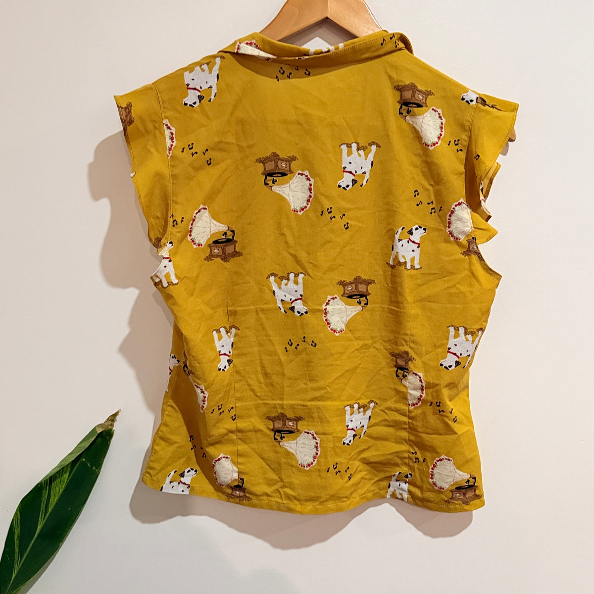 Revival Mustard Dog Print Short Sleeve Shirt Size 12