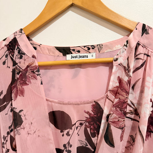 Just Jeans Pink Floral Wrap Front Blouse Size 8