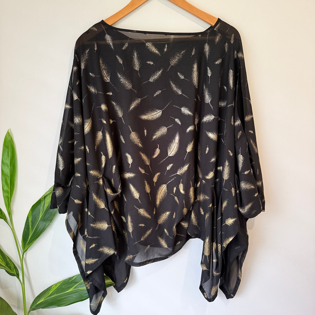 Augustine Black Gold Feather Print Sheer Top - One Size