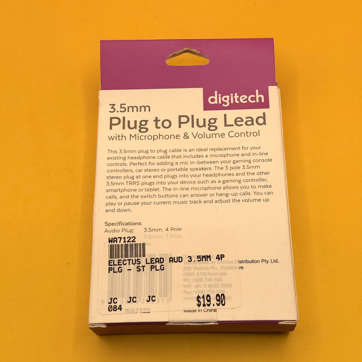 Digitech 3.5mm Plug to Plug Lead with Microphone and Volume Control