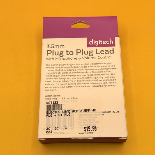 Digitech 3.5mm Plug to Plug Lead with Microphone and Volume Control