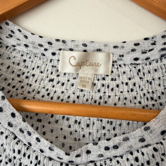 Capture White and Navy Spot Print Flutter Sleeve Top Size 16