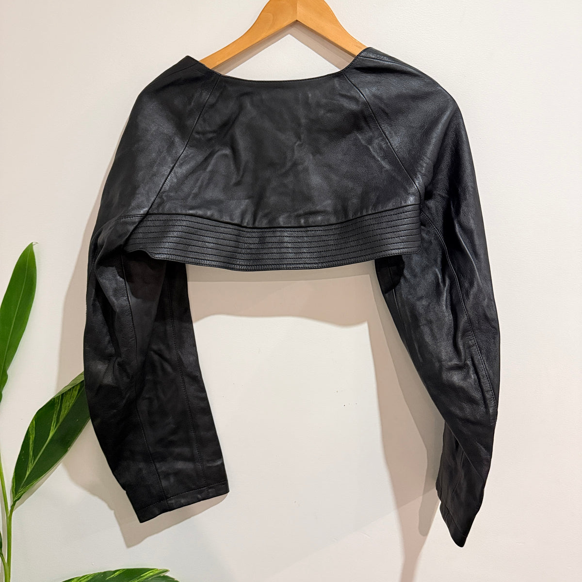 Black Leather Look Cropped Shrug Jacket - 48cm u/arm