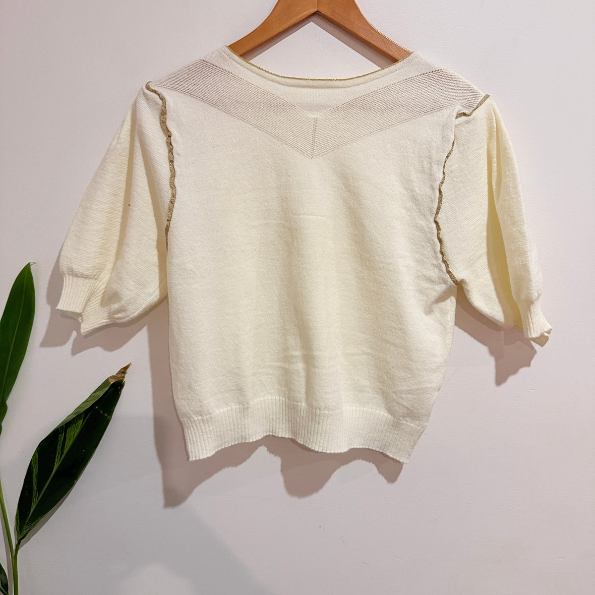 Cream Puff Sleeve Knit Top with Gold Trim - 47cm u/arm