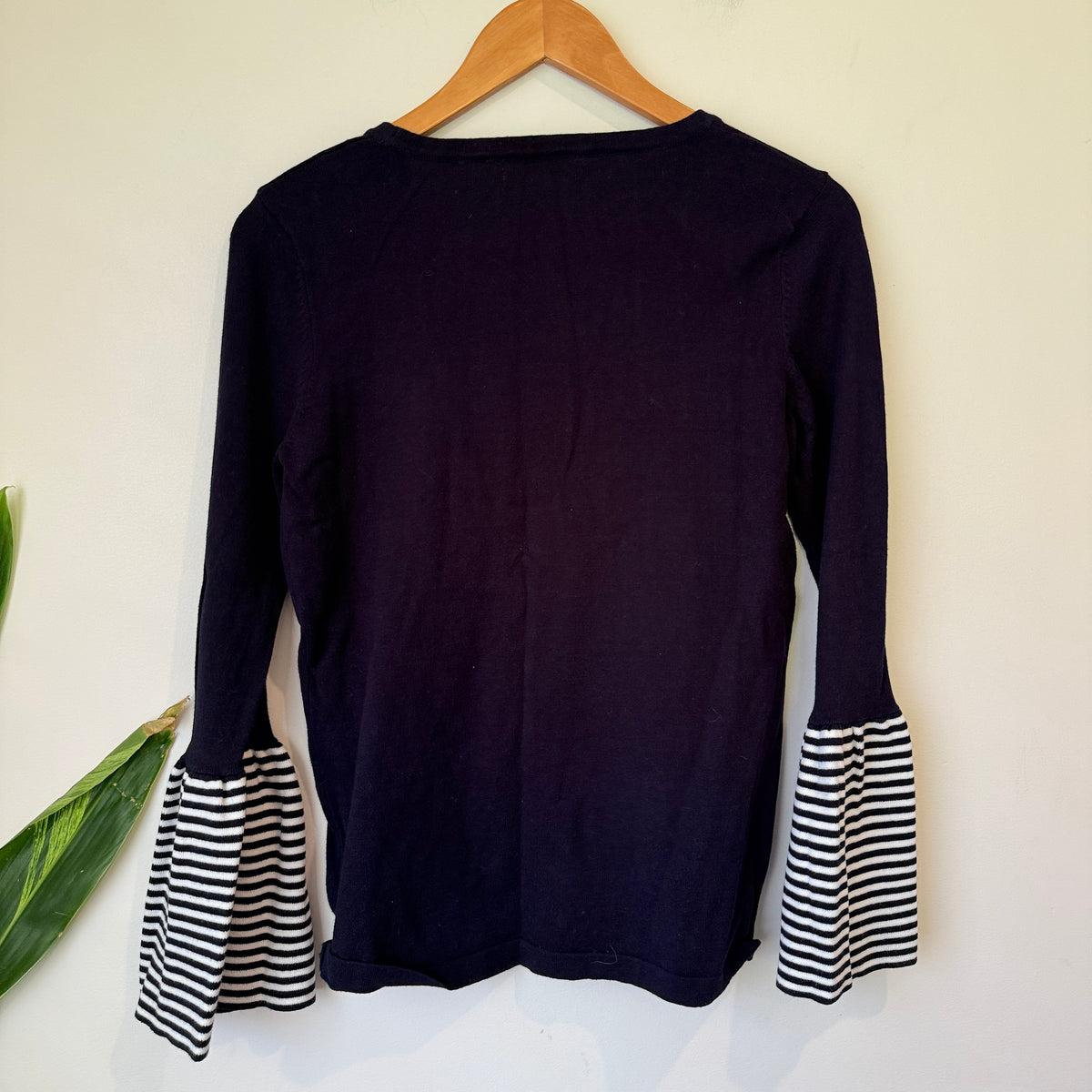 Augustine Navy Striped Bell Sleeve Knit Top Size S