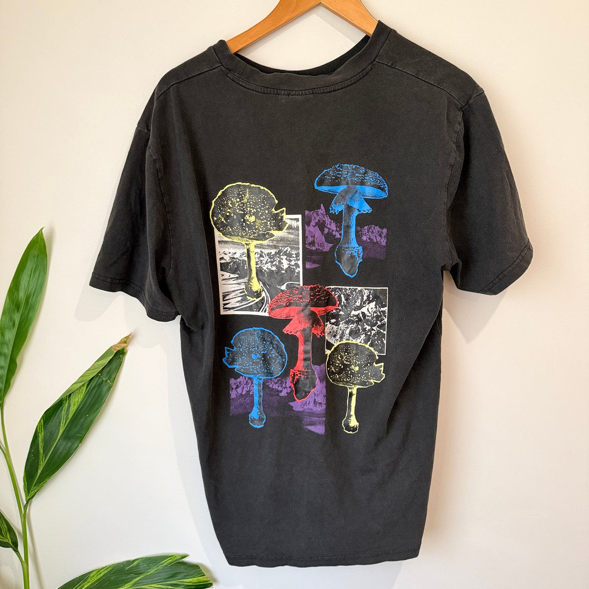 Absent Washed Black Mushroom Print T-Shirt Size M