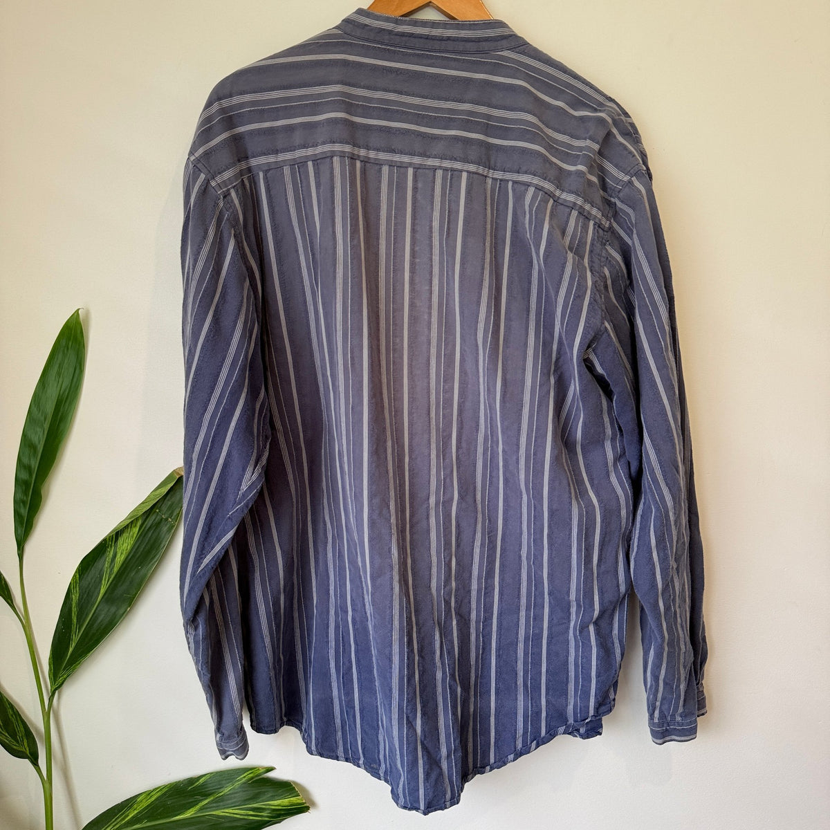 Scully Blue Striped Grandad Collar Cotton Shirt Size L